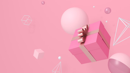 Gift box on light pink background with ribbon, bow and flying geometric objects - abstraction, greeting card. Present box for women's day,birthday,valentine's day, surprise- 3d render, illustration. 