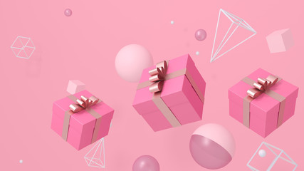 Gift box on light pink background with ribbon, bow and flying geometric objects - abstraction, greeting card. Present box for women's day,birthday,valentine's day, surprise- 3d render, illustration. 
