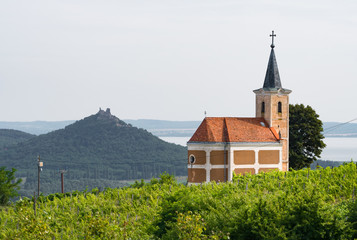 Lengyel-Chapel and the Castle of Szigliget seen from the village of Hegymagas, situated on Saint George Hill near Lake Balaton, Hungary. 