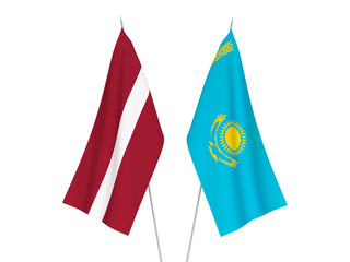 National fabric flags of Latvia and Kazakhstan isolated on white background. 3d rendering illustration.