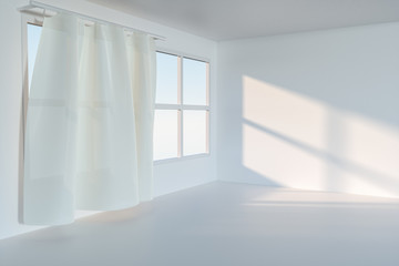 Fototapeta premium An empty room with sunshine come through the curtain, 3d rendering.