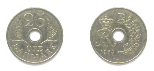 Danish 25 Ore 1968 year copper-nickel coin, Denmark. Coin shows a monogram of Danish King Frederick...