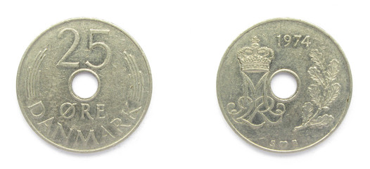 Danish 25 Ore 1974 year copper-nickel coin, Denmark. Coin shows a monogram of Danish Queen...