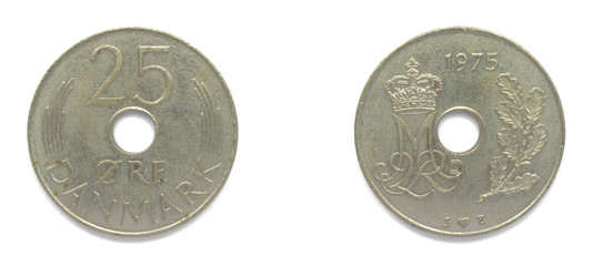 Danish 25 Ore 1975 year copper-nickel coin, Denmark. Coin shows a monogram of Danish Queen...