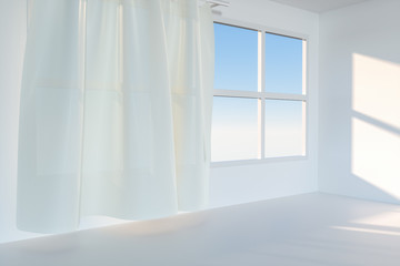 Obraz na płótnie Canvas An empty room with sunshine come through the curtain, 3d rendering.