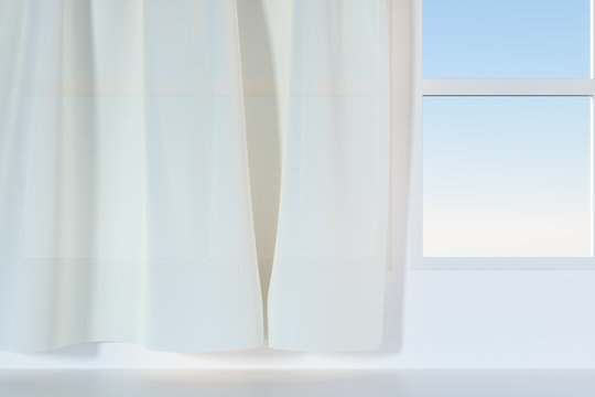 An empty room with sunshine come through the curtain, 3d rendering.