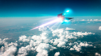 Space ship traveling in the clouds. Ufo hurtling at high speed in the earthly skies. 3d rendering
