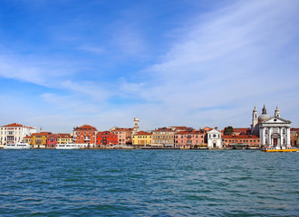 Fototapeta na wymiar panoramic view of venice from the sea showing the zattere salute area with the church of santa maria del rosario and waterfront landmark buildings