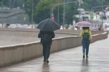 Rainy summer in Moscow. Everybody going with umbrella. Wet sidewalk. High resolution image.