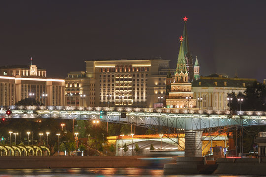 Long exposure image of Moscow cityscape. Image of Kremlin Towers, Moskva River, Patriarshy Bridge, State Duma in the summer night. High resolution photo.