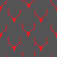 Seamless pattern deer head red silhouette on grey, vector eps 10