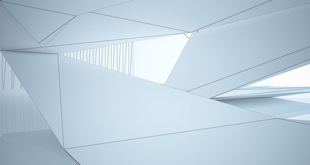 Obraz premium Drawing abstract architectural white interior of a minimalist house with large windows. 3D illustration and rendering.