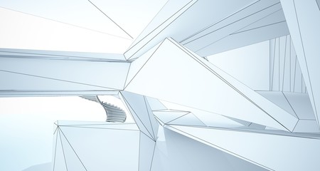 Drawing abstract architectural white interior of a minimalist house with large windows. 3D illustration and rendering.