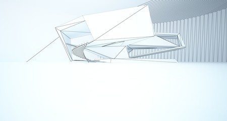 Fototapeta na wymiar Drawing abstract architectural white interior of a minimalist house with large windows. 3D illustration and rendering.