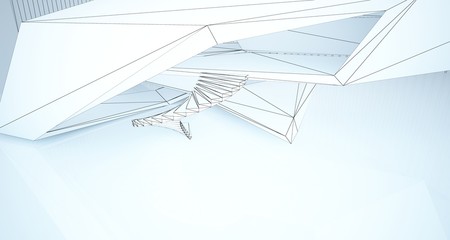 Drawing abstract architectural white interior of a minimalist house with large windows. 3D illustration and rendering.
