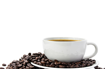Black coffee in a white coffee cup and coffee beans on a white background