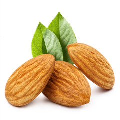 Fototapeta na wymiar Close-up of three almonds with leaves, isolated on white background