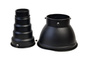 Reflector and snut with honeycomb grid accessory for studio strobes and flashes Isolated on White...