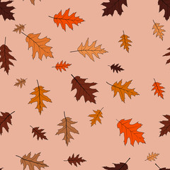 The leaves are red oak bronze shades on a beige background. Seamless pattern