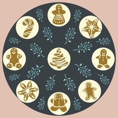 Round shape filled with gingerbread biscuits on pink background