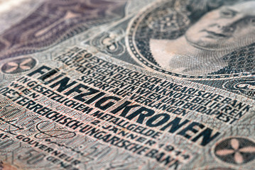 Fragment of fifty crowns banknote of the Austrian Empire 1914 selective focus. Shallow depth of...