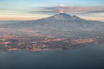 Incredible aerial view of the Volcano Etna at dawn, Sicily. Travel in Italy
