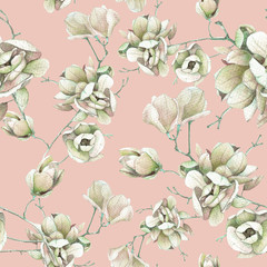 Botanical seamless pattern with Magnolia branches. Detail hand-drawn flowers. Delicate flowers. The design is suitable for textiles and interior, as well as for invitations and cards, as well as for w