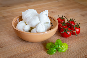 Composition of tomatos, basil and cow's milk mozzarella cheese handmade in Puglia, Italy