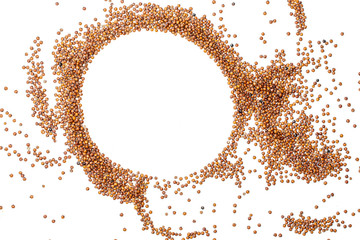 Lot of whole raw red quinoa seeds copyspace circle flatlay isolated on white background