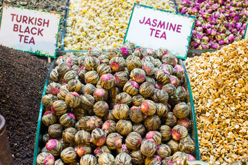 Different sorts of tea on the Egyptian bazaar in Istanbul