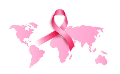 Obraz na płótnie Canvas World breast cancer awareness. realistic pink ribbon on earth planet with continents map background. Women health care support symbol. female hope satin emblem. Vector illustration