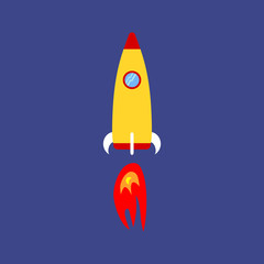 Vector yellow rocket flying on a blue background. Achievement of the goal. - 279367353