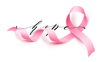 Breast cancer awareness poster template with hope inscription realistic pink ribbon on isolated white background. Women health care support symbol. female hope satin emblem. Vector illustration