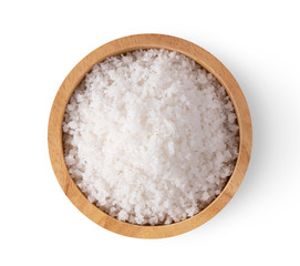 Fototapeta na wymiar salt in wood bowl isolated on white background. top view