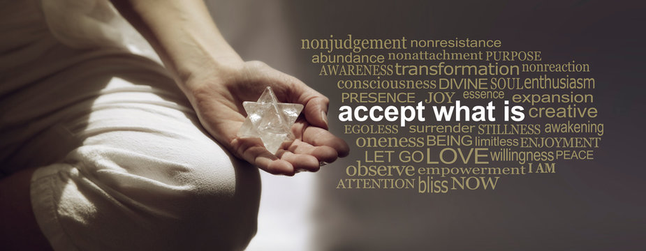 Accept What Is Meditation Word Cloud Banner - Female sitting in Lotus Position on left side with sunlight streaming in holding a Merkabah crystal meditating and a relevant word cloud on right side