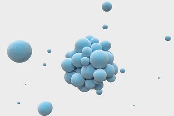 Blue spheres with the textured surface, random distributed, 3d rendering.