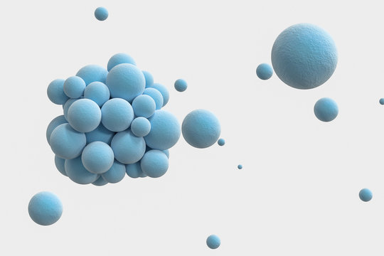 Blue spheres with the textured surface, random distributed, 3d rendering.