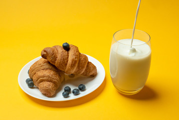 French croissants, glass of milk and blueberries on yellow background close up	