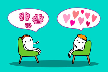 Psychotherapy session hand drawn vector illustration in cartoon style. Men sitting in chairs talking about brain against passion