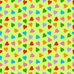 On a green seamless background multicolored bright hearts for greeting cards, gifts, Valentine's Day.