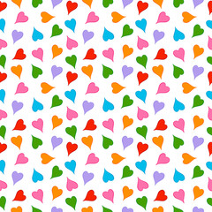 On a white seamless background multicolored bright hearts for greeting cards, gifts, Valentine's Day.