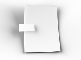 Empty paper sheet in A4 format with bussines card. 3d illustration