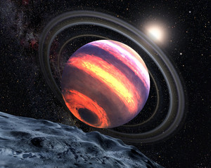 Exo planet with lava stripes and rings in outer space, view from its moon. Elements of this image furnished by NASA. © elen31