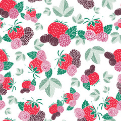Berries and leaves seamless vector pattern background.
