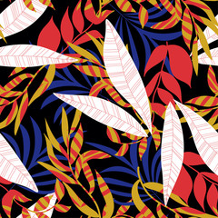 Abstract seamless pattern with colorful tropical leaves and plants on black background. Vector design. Jungle print. Floral background. Printing and textiles. Exotic tropics. Fresh design.