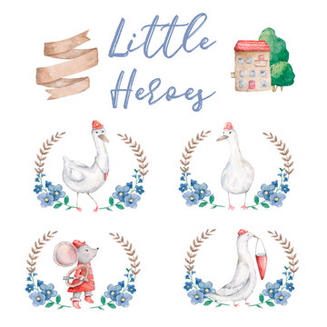 cute little mouse, goose and duck watercolor illustration set in floral frames animal. Baby colorful nursery clip art on white background. Fireman set, little heroes for kid toys and games