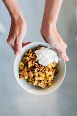 A crumble is a dish that can be made in a sweet  apple and oat