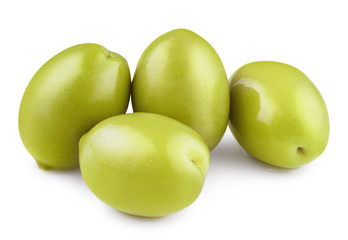Delicious green olives, isolated on white background