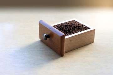 Coffee crushed in a square box, aroma, aromatic, background, bean, beans, beverage, black, bowl, break, breakfast, brown, cafe, caffeine, closeup, coffee, copy, cup, dark, desk, drink, espresso, food,