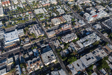 Aerial of apartments and commercial buildings along La Brea Ave in the Hollywood neighborhood of Los Angeles, California.  